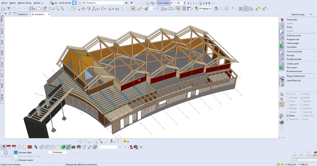 Modélisation SEMA, ossature bois multi-niveaux en 3D, exemple projet 1, LP Charpente