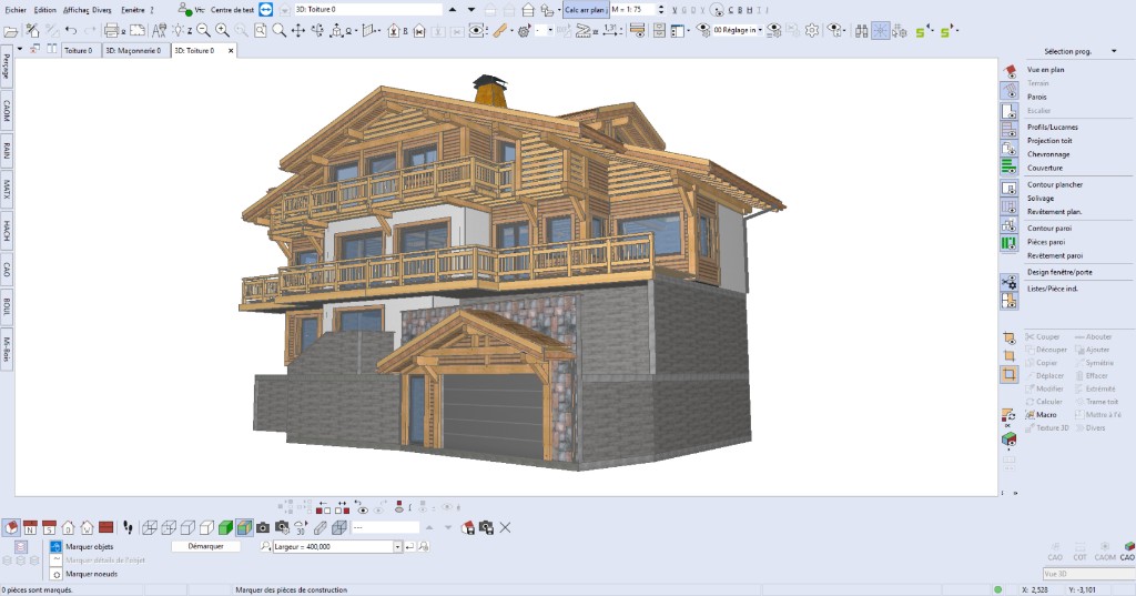 Modélisation SEMA, toiture et maçonnerie de chalet en 3D, exemple projet 2, LP Charpente
