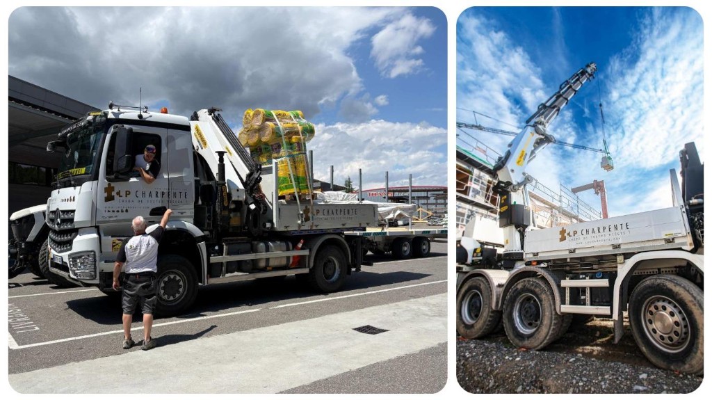 Camion porteur LP Charpente avec grue Palfinger, livraison et déchargement sur chantier