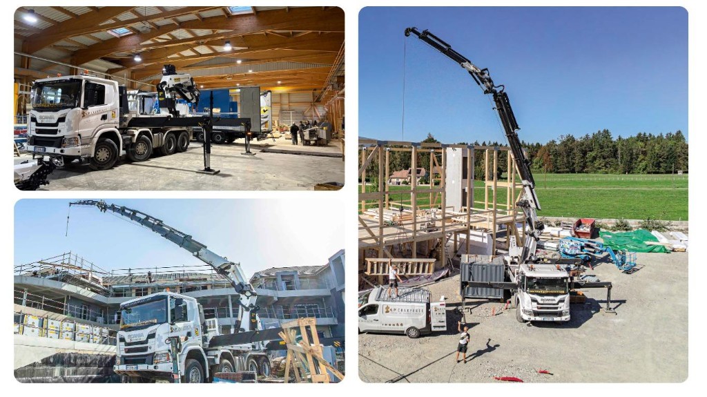 Camion porteur renforcé LP Charpente, levage de pièces lourdes sur chantier