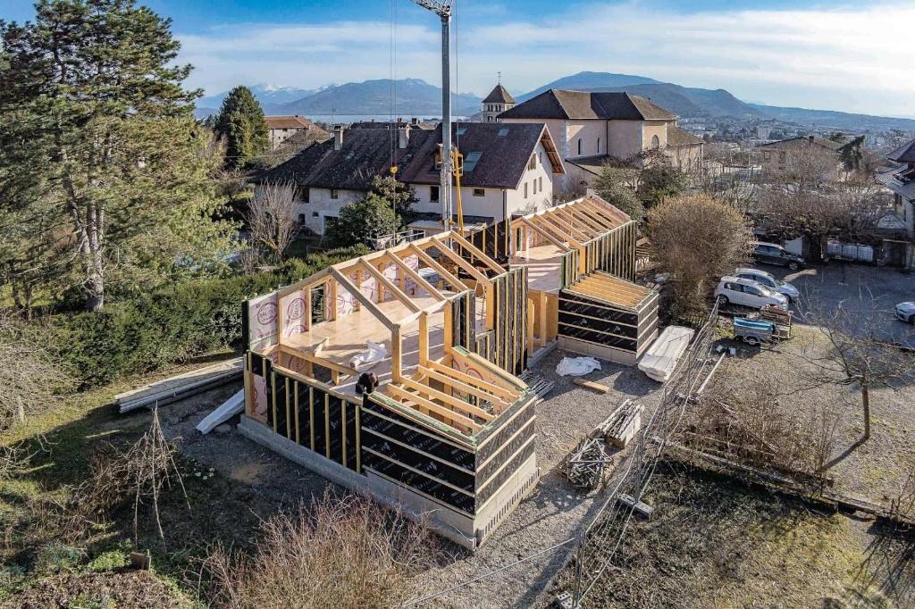 Vue aérienne, villa ossature bois, Annecy-le-Vieux