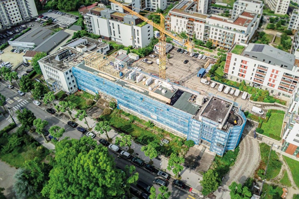 Vue aérienne du chantier, Crédit Mutuel, Annecy